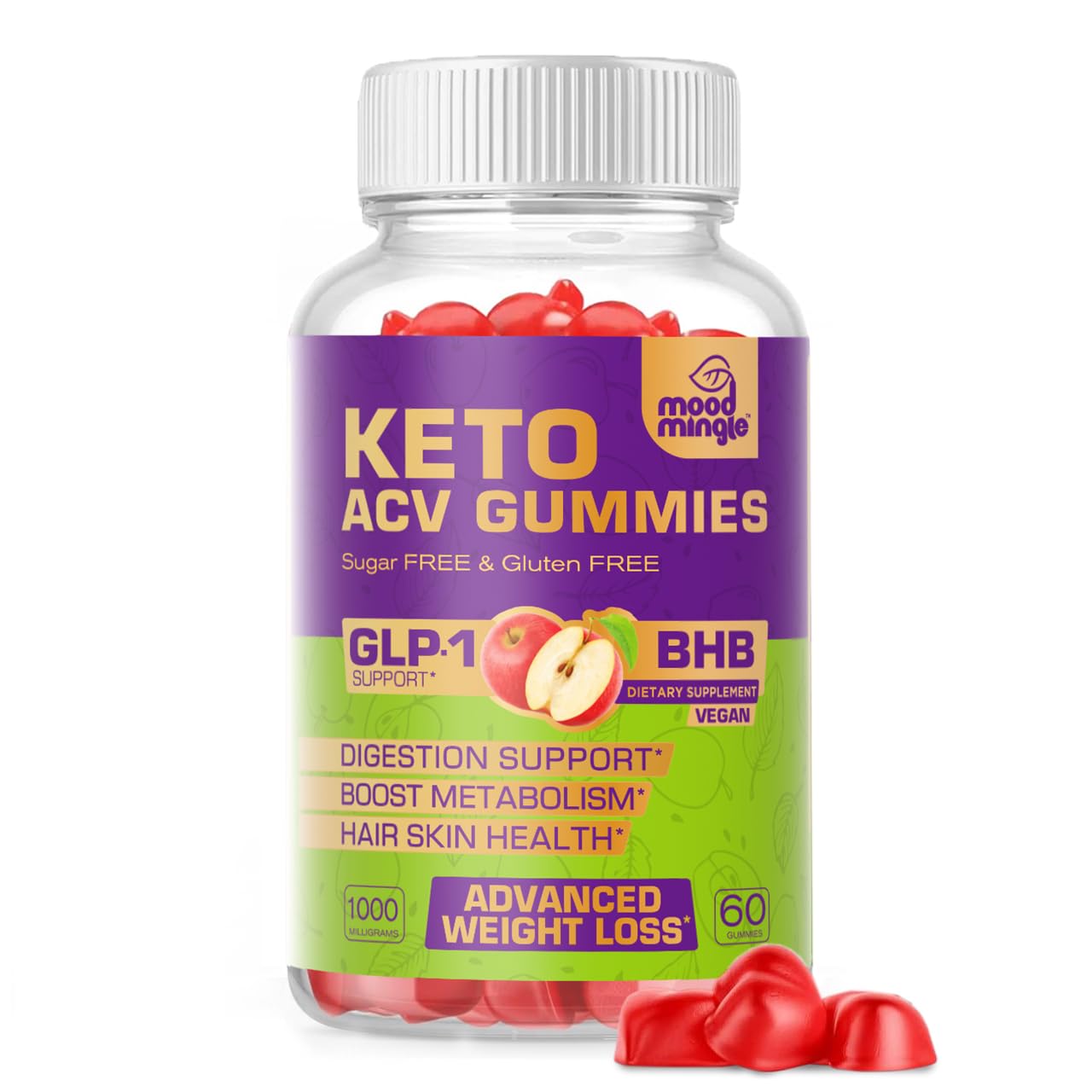 Keto ACV Gummies for Weight Loss - Gluten & Sugar-Free Apple Cider Vinegar Rapid Fat Burner for Women & Men - 60 Gummies