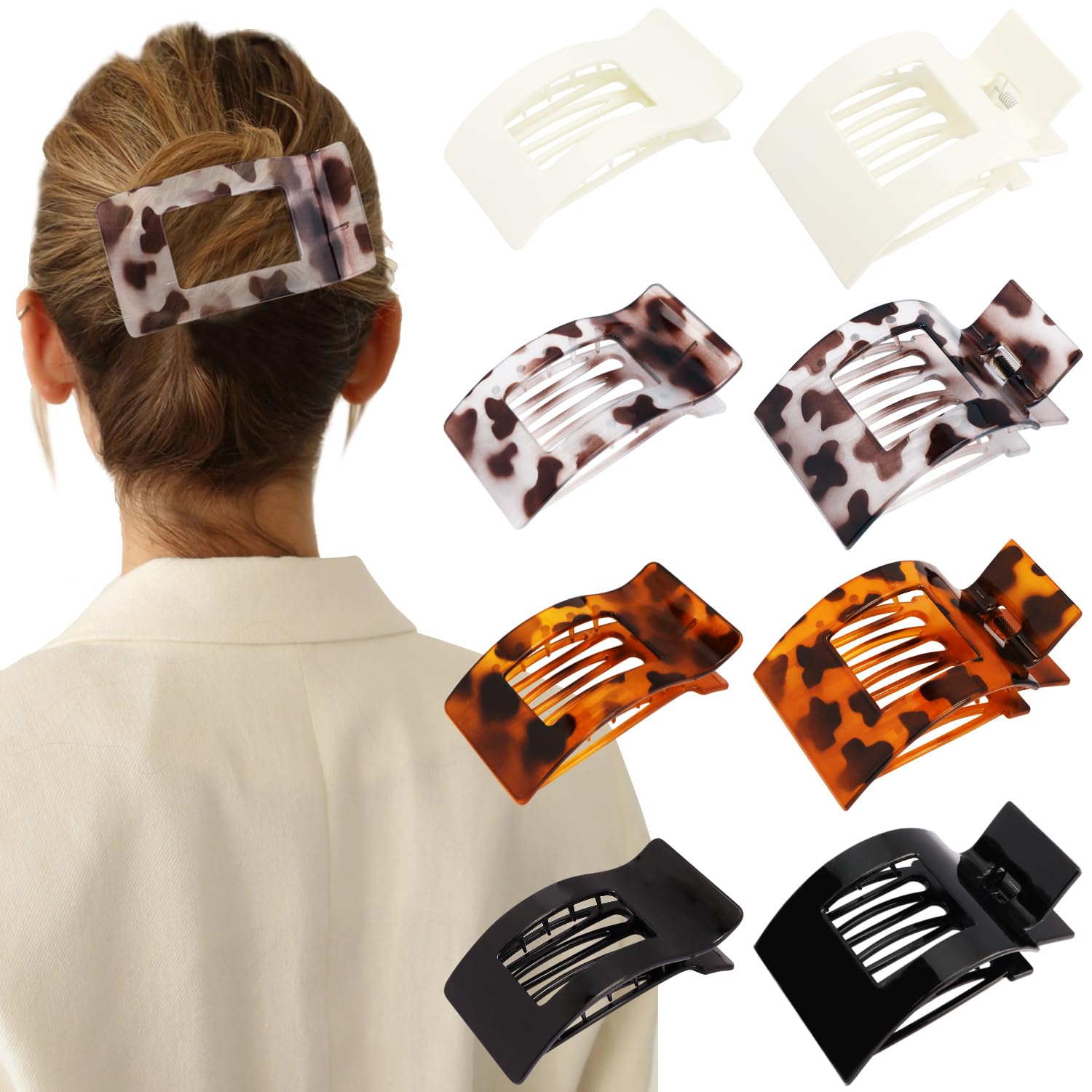 VELSCRUN Strong Hold Lay Flat Claw Clips for Women and Girls, Easy Non-Slip Grip for Daily Styling, 2 Styles 8Pcs Tortoi